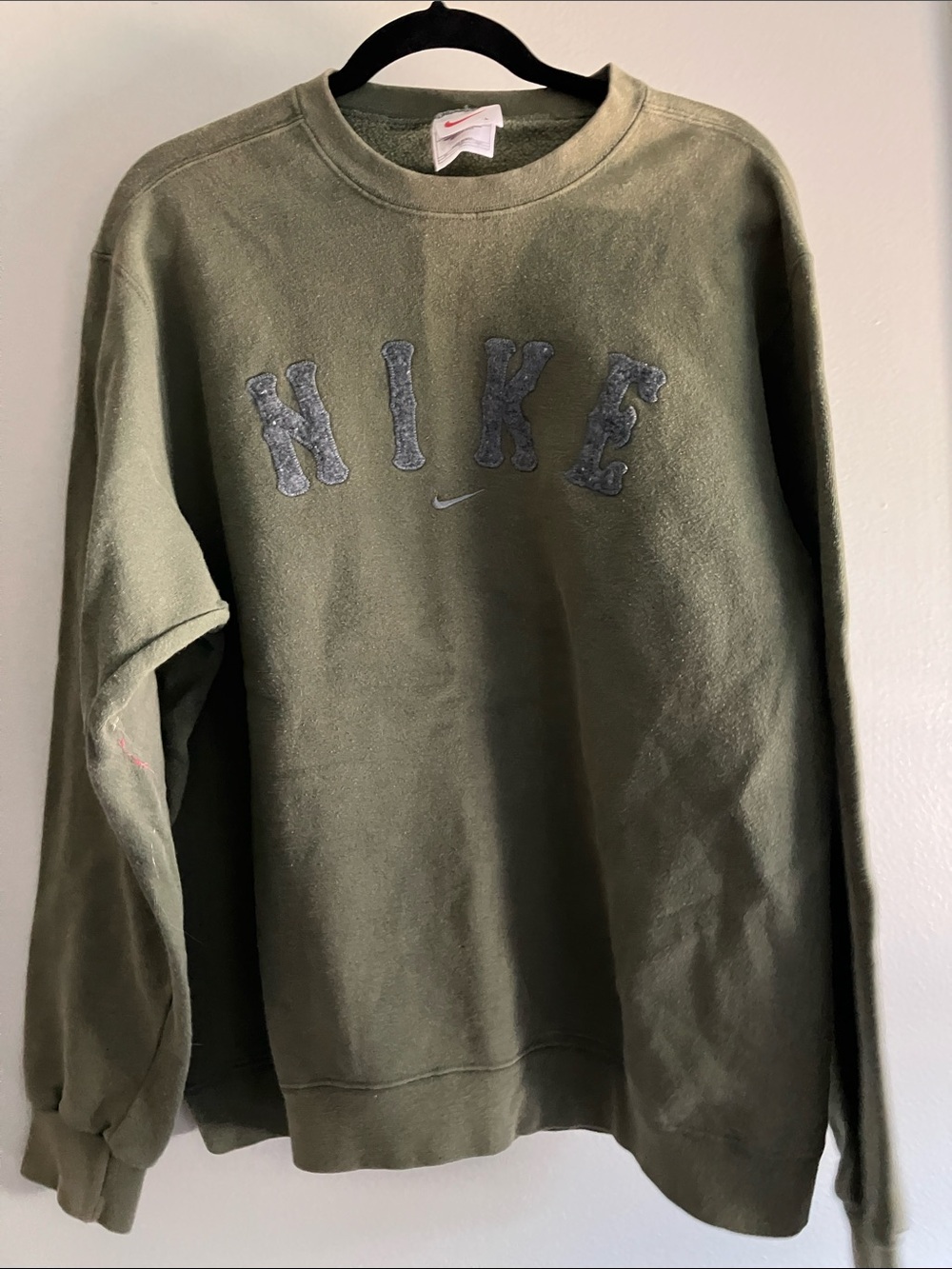 Nike Men's Olive Crewneck Sweatshirt with Textured Logo Spellout Large Vintage?